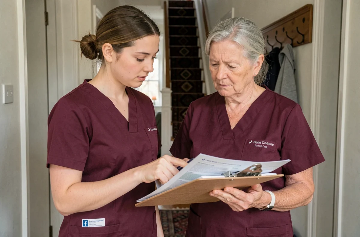 Two female home care workers in burgundy tunics reviewing a printed care plan on a clipboard in the hallway of a British home
