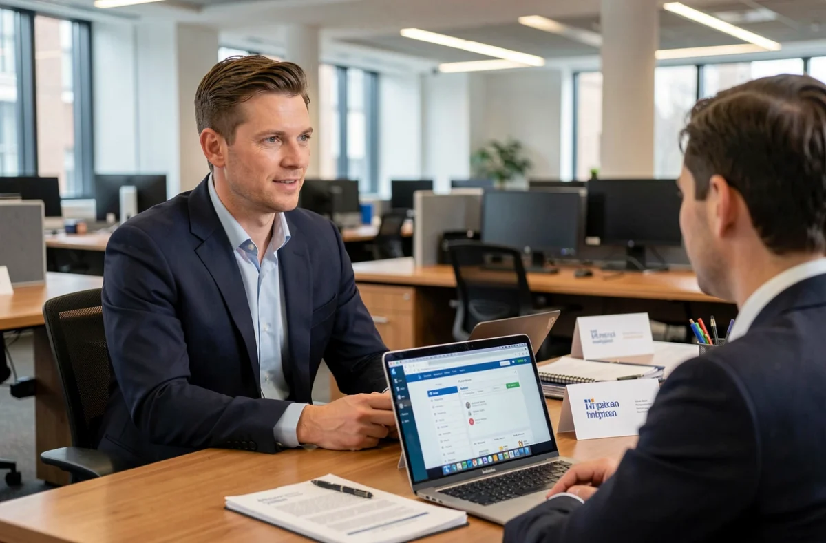 HR manager conducting a formal employee meeting in a contemporary British office environment