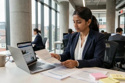 HR professional reviewing 2026 UK immigration law changes at an office desk in London