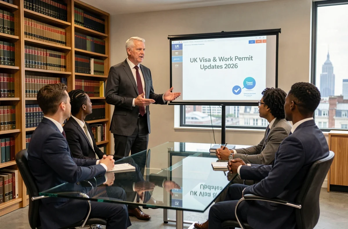Immigration solicitor presenting UK visa and work permit changes to corporate colleagues in a law firm meeting room