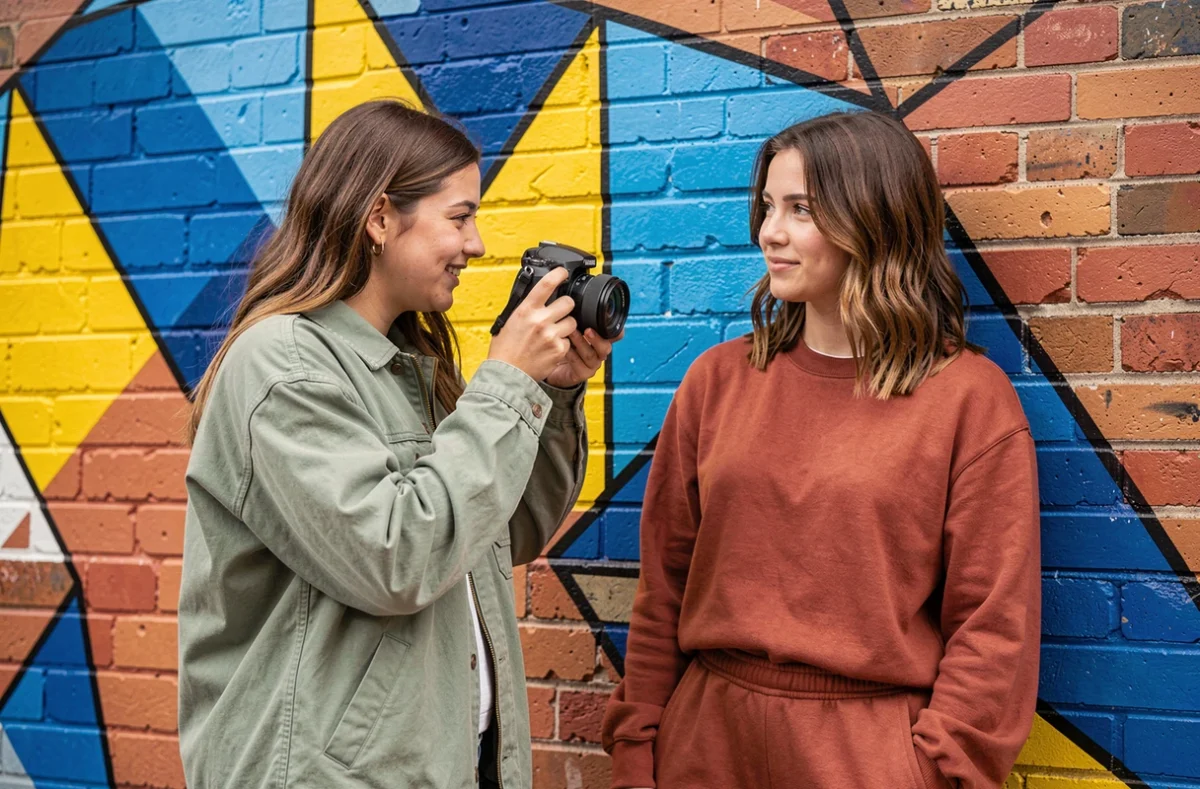Two young British women collaborating on an influencer photo shoot against a colourful street art mural in Shoreditch, East London, capturing the creative and visual nature of UK influencer marketing trends in 2026.