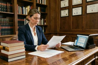 Intellectual property solicitor reviewing trademark and copyright legal documents at a traditional British law office desk