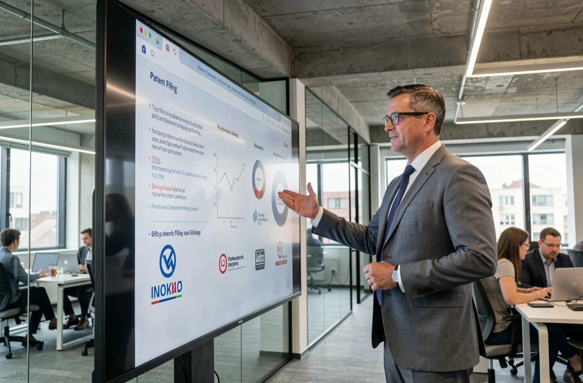 Business professional presenting intellectual property rights strategy with patent and trademark data on a digital screen in a London corporate office