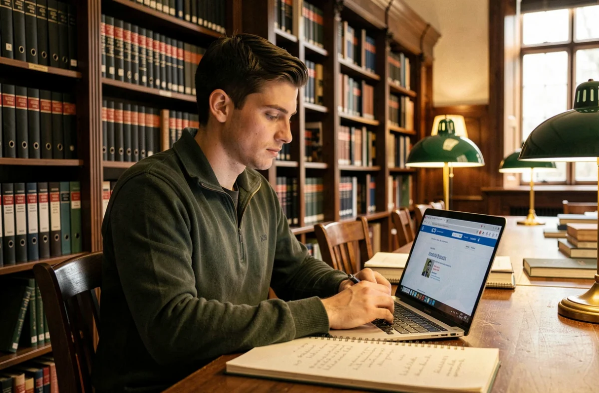 Young legal researcher studying UK data protection legislation in a traditional law library