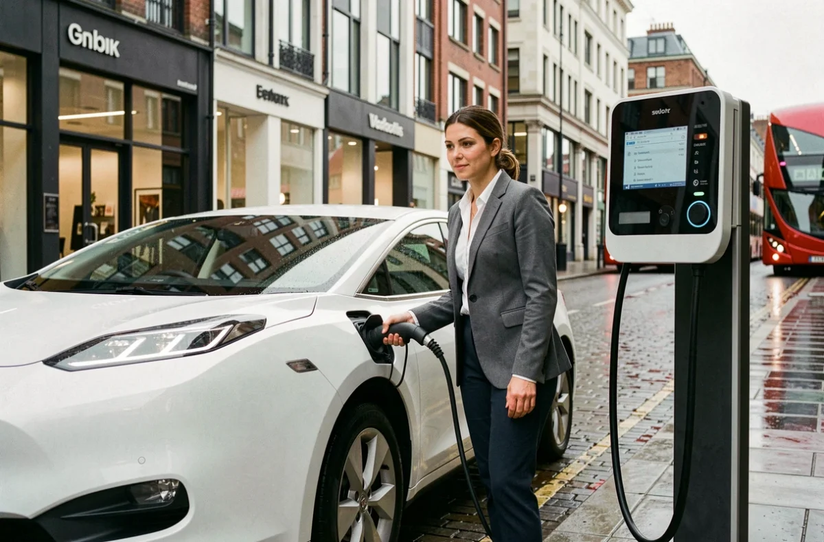 Woman charging an electric vehicle at a public charging point on a London high street