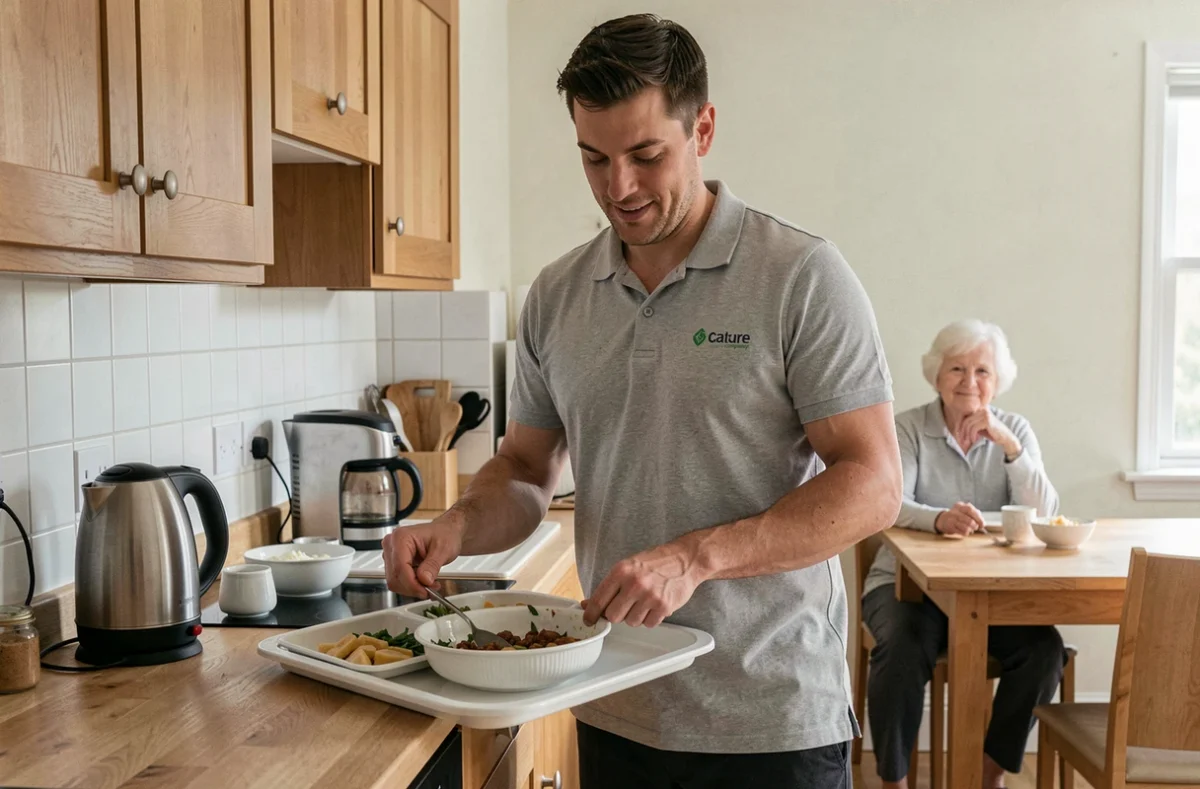 A male home care professional preparing a meal tray in a modest British kitchen whilst an elderly woman waits at a dining table in the background