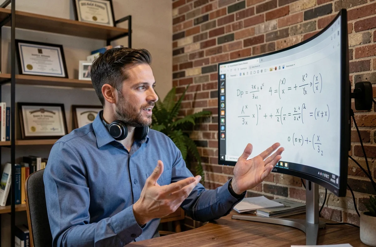 Male online tutor explaining algebra on a digital whiteboard during a virtual lesson in a professional home office