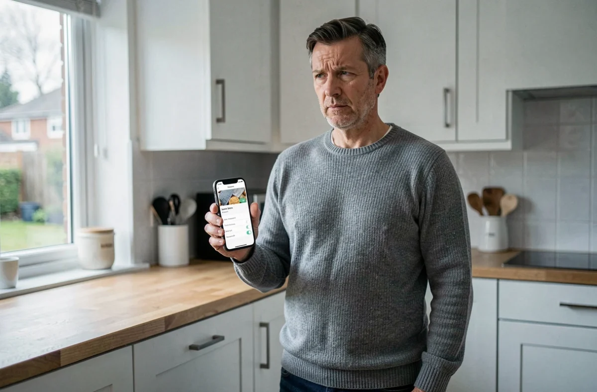 Middle-aged man examining smartphone privacy settings and cookie consent banner in a British home kitchen