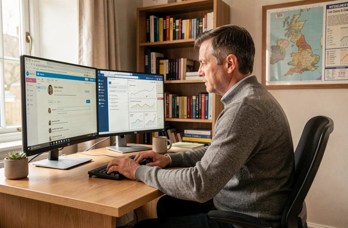 Man composing an email newsletter on a dual-monitor home office setup in suburban Britain