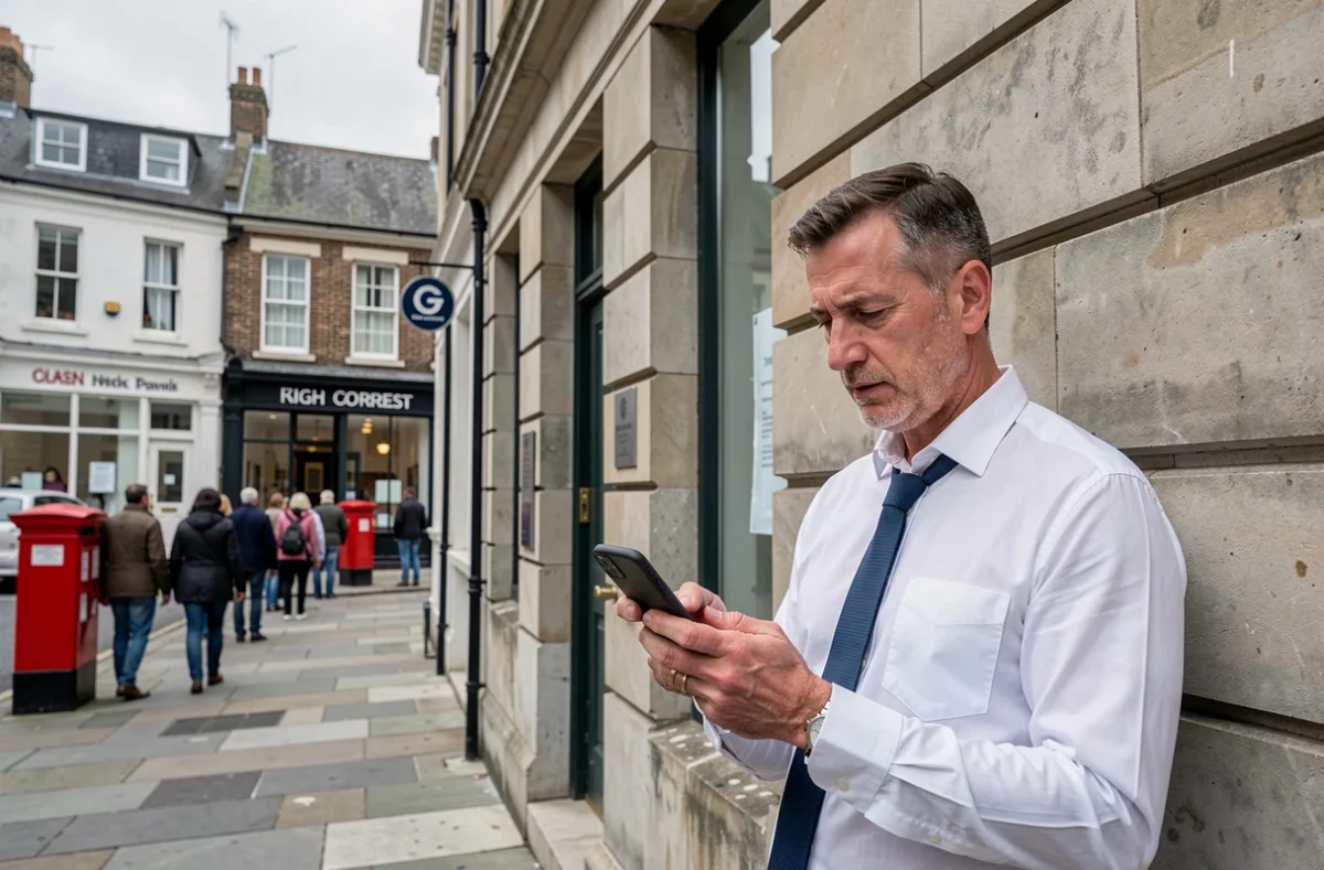 Middle-aged man checking a mobile banking app outside a traditional British high-street bank branch