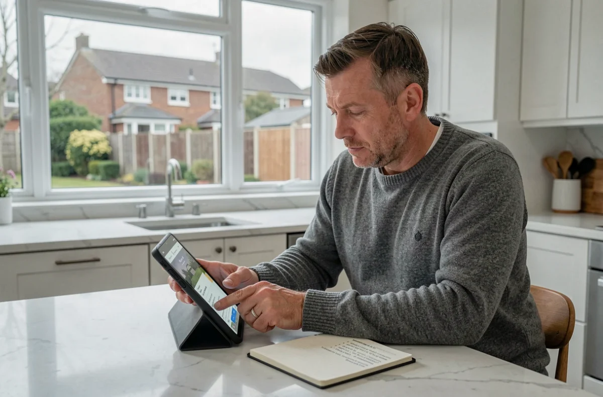 A British man in his mid-40s using a digital estate planning app on a tablet at a modern kitchen island, noting down digital assets for his will