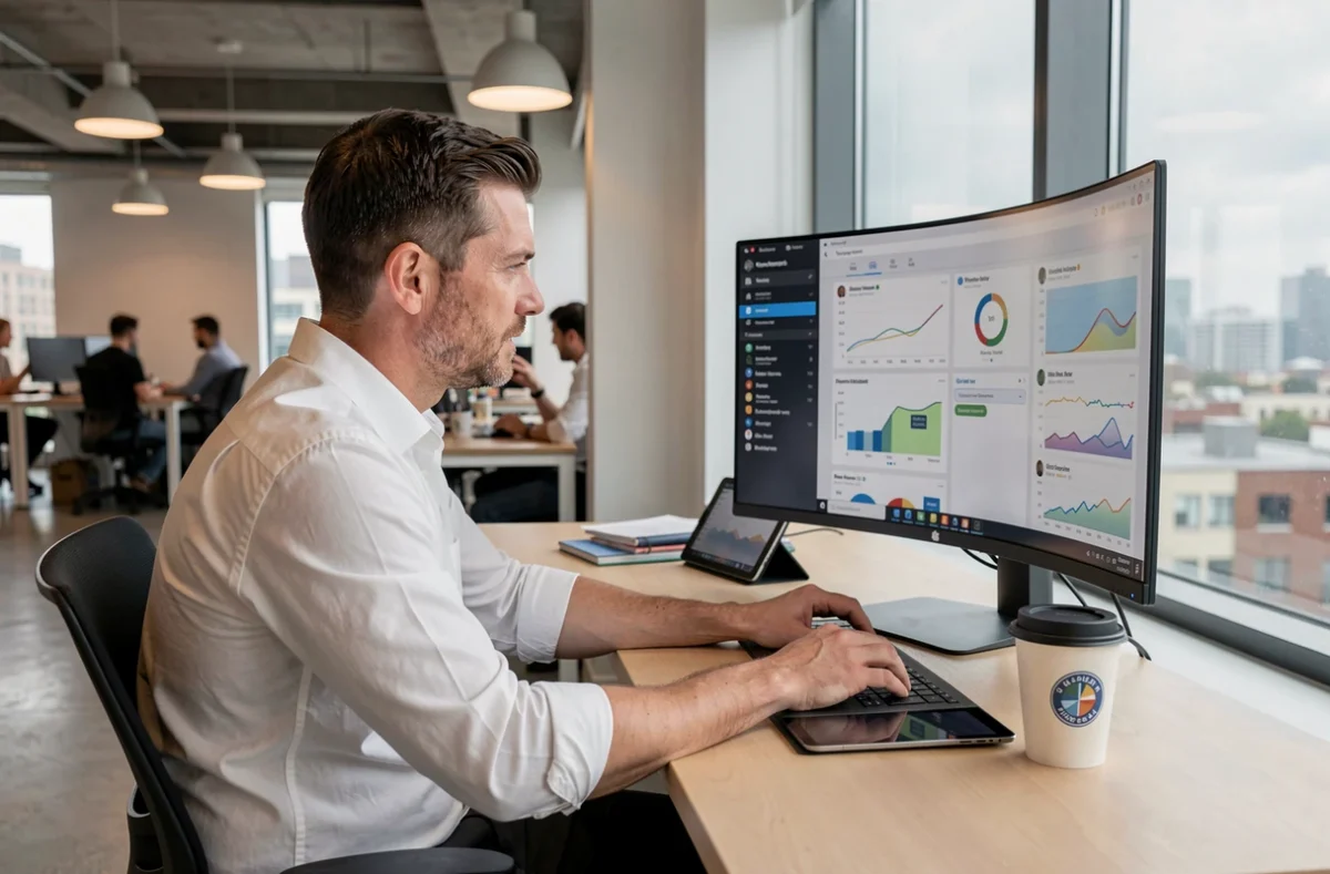 Male marketing consultant reviewing digital campaign performance metrics on a monitor at a co-working space desk