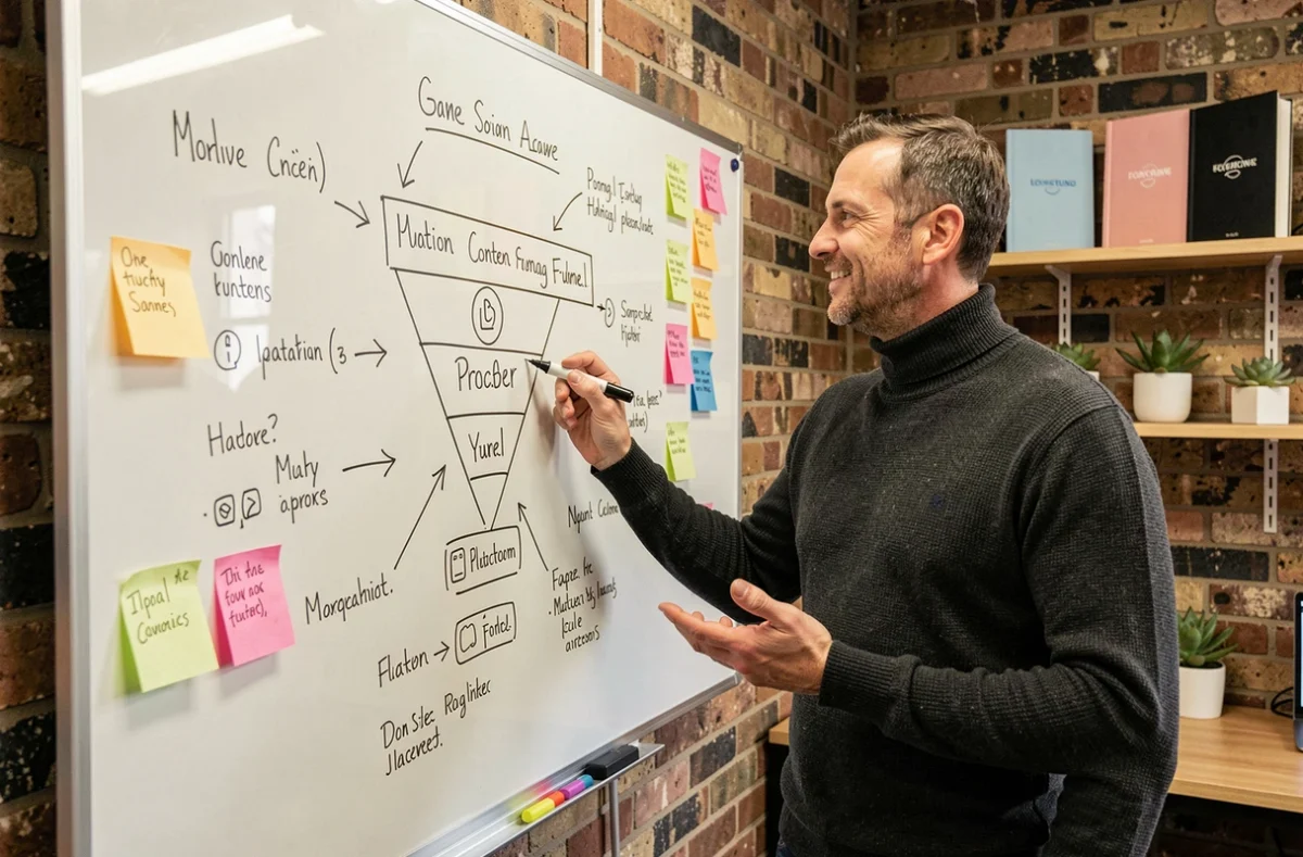 A male marketing strategist sketching a social media content funnel on a glass whiteboard in a UK co-working space