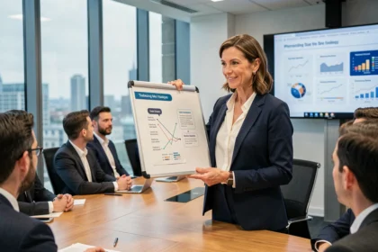A marketing director presenting a brand strategy to colleagues in a modern London corporate boardroom