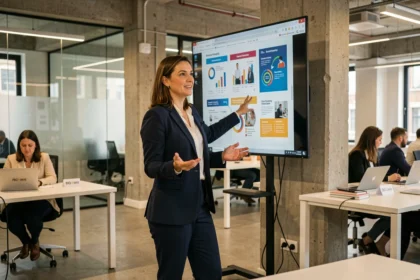 Professional woman presenting a marketing strategy on a large screen in a modern open-plan London office