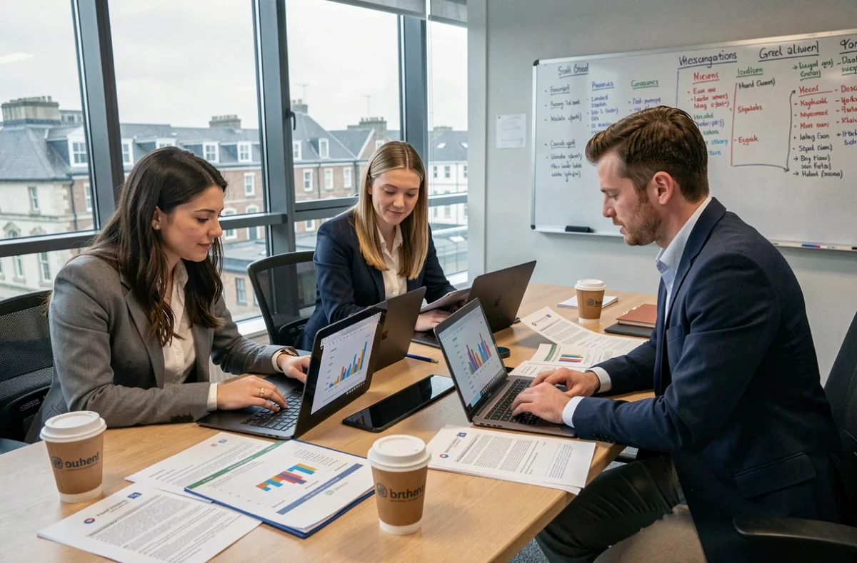 Marketing team collaborating on an email campaign strategy around a conference table in a UK agency office