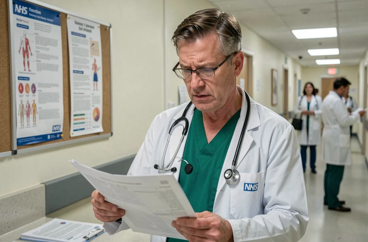 An NHS consultant reviewing medical records in a hospital corridor, relevant to medical negligence cases