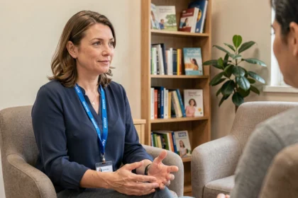 NHS mental health counsellor listening empathetically to a patient in a calm therapy room in a UK healthcare clinic