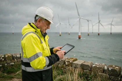 A renewable energy engineer in high-visibility clothing reviews data on a tablet whilst standing on a British clifftop overlooking offshore wind turbines.