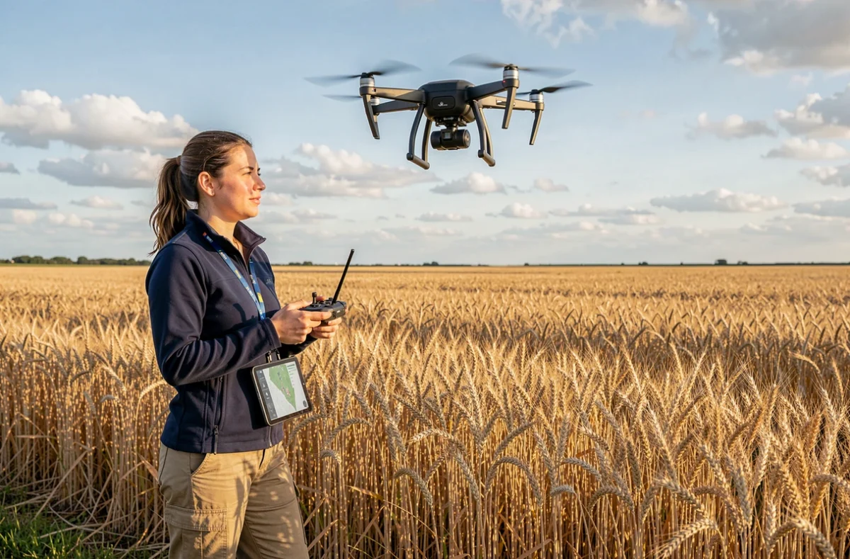 Young female agronomist operating a precision agriculture drone above a wheat field in East Anglia, illustrating the use of modern technology in sustainable British farming.
