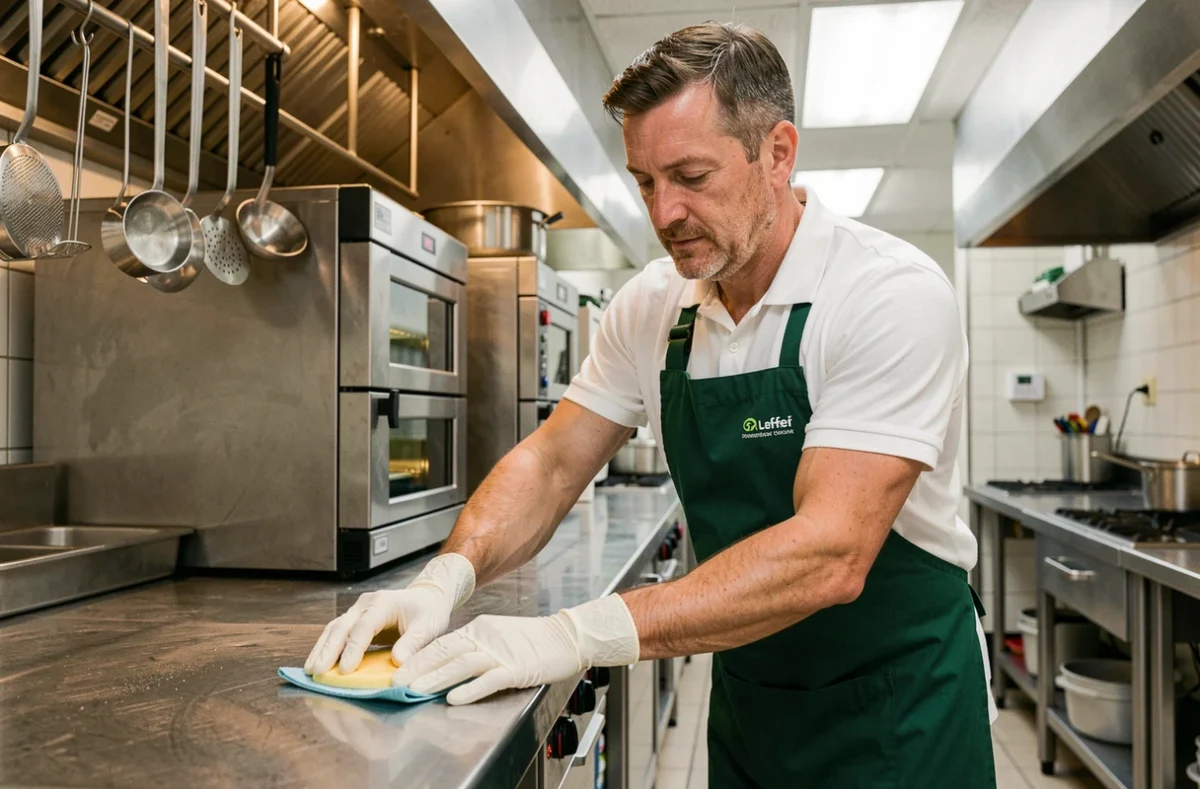 Male professional cleaner scrubbing a stainless-steel worktop in a commercial catering kitchen in the UK