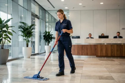 Female professional cleaner mopping a polished marble floor in a modern UK office building lobby