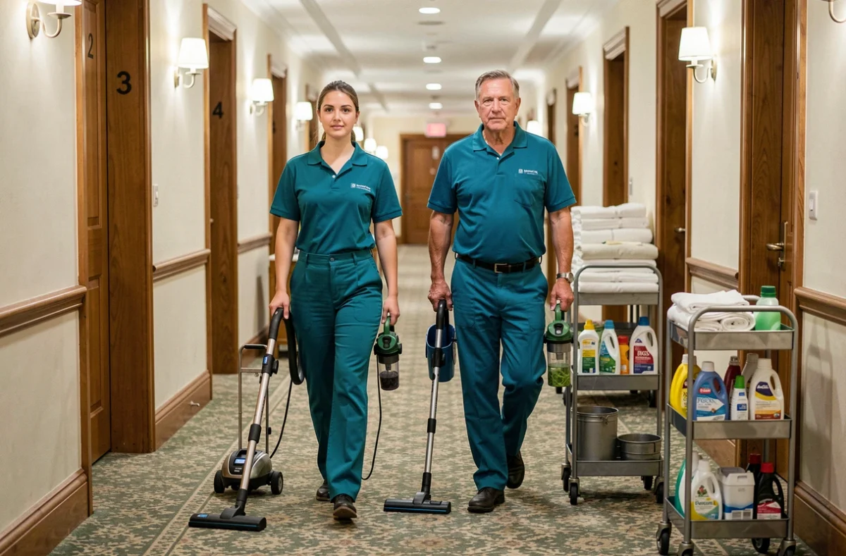 Two professional cleaners in matching uniforms walking along a carpeted hotel corridor in the United Kingdom