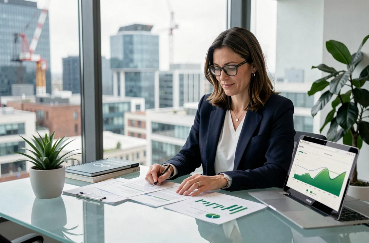 A female investment analyst reviews renewable energy financial documents at a glass desk in a modern London office, with a city skyline visible through large windows.