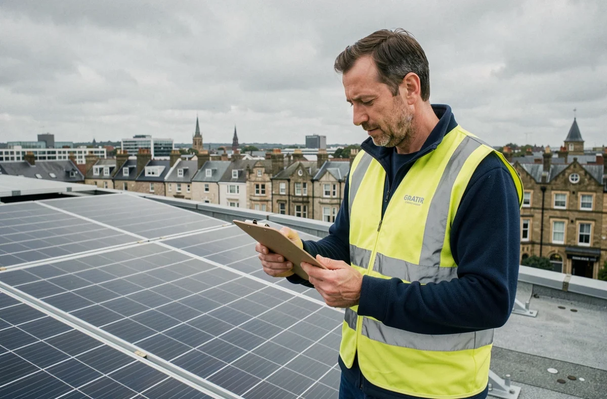 A renewable energy technician inspecting solar panels on a commercial rooftop against a British urban skyline