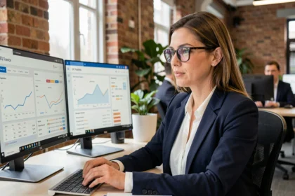 A digital marketing professional analysing SEO trends and UK search analytics on dual monitors in a modern London office