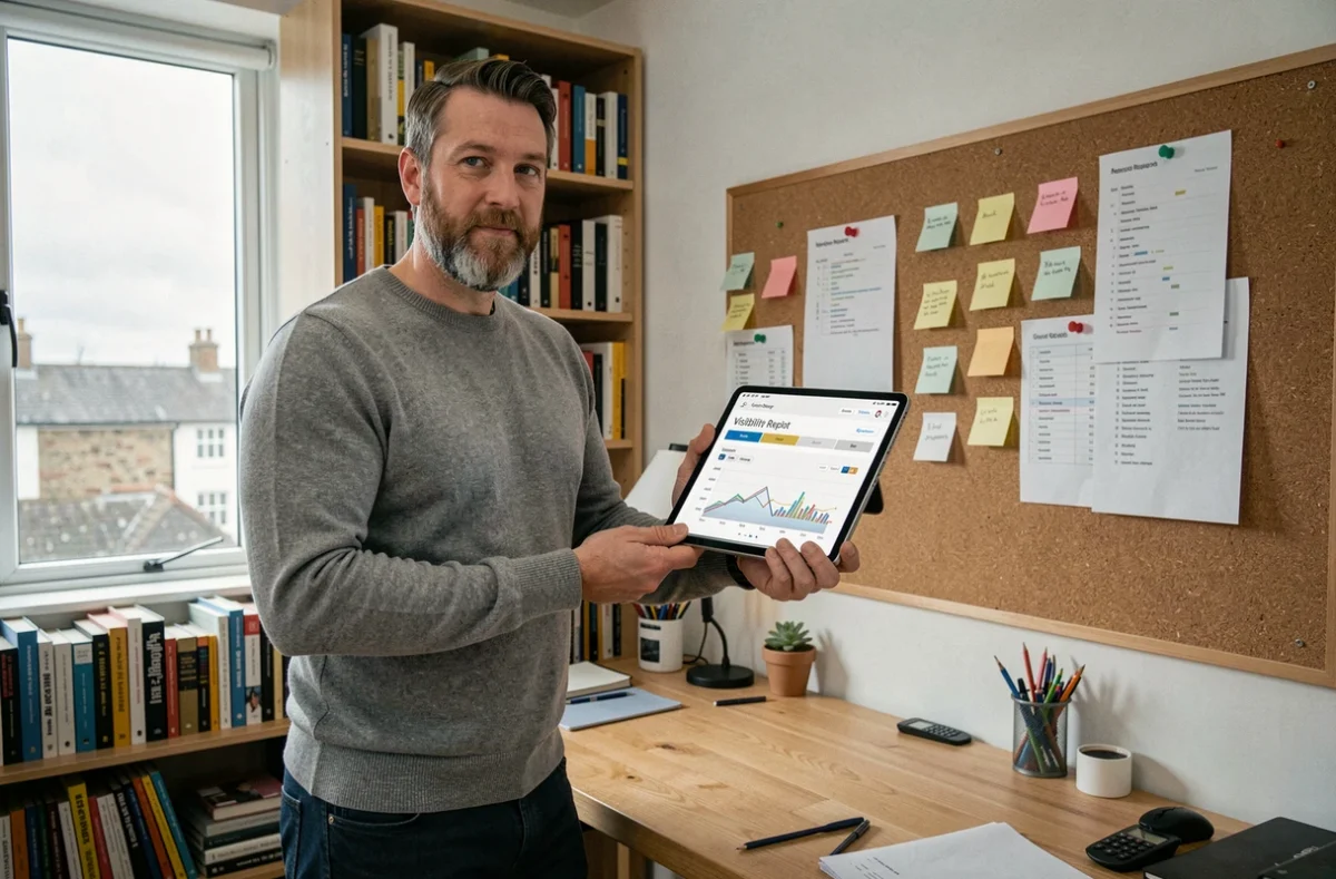 A male SEO consultant reviewing UK website visibility data on a tablet in a home office environment