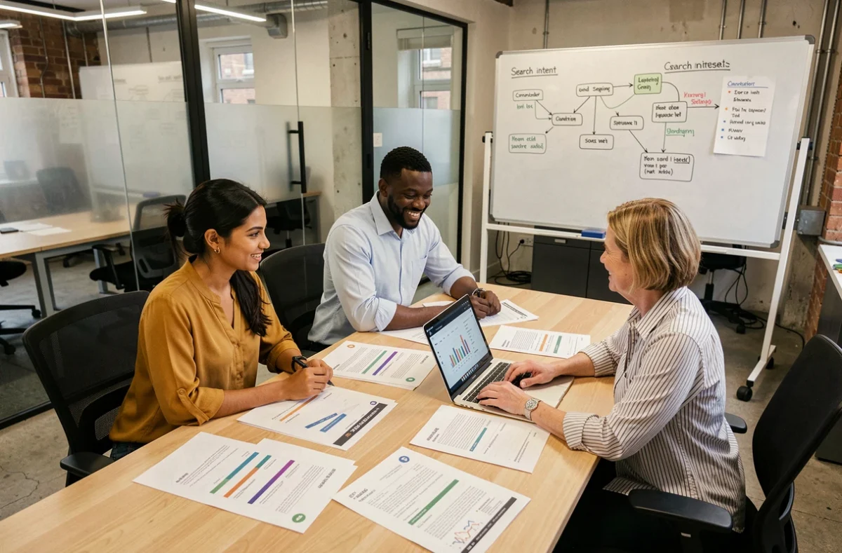 A diverse marketing team collaborating on an SEO strategy for 2026 in a co-working space in Manchester