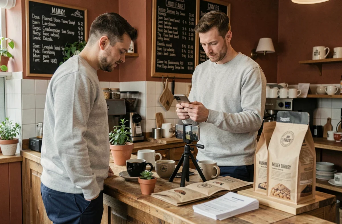 British small business owner photographing a product flat-lay for Instagram behind a café counter, representing social media marketing strategy for UK businesses.