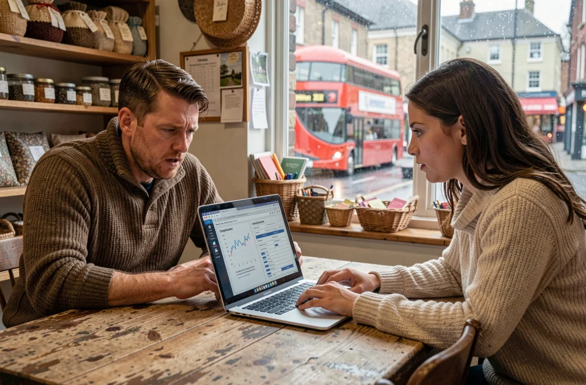 Two small business owners reviewing post-Brexit export compliance data in a traditional British high-street shop