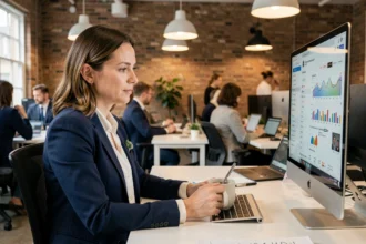 Professional woman analysing social media marketing analytics on a desktop computer in a modern London co-working office