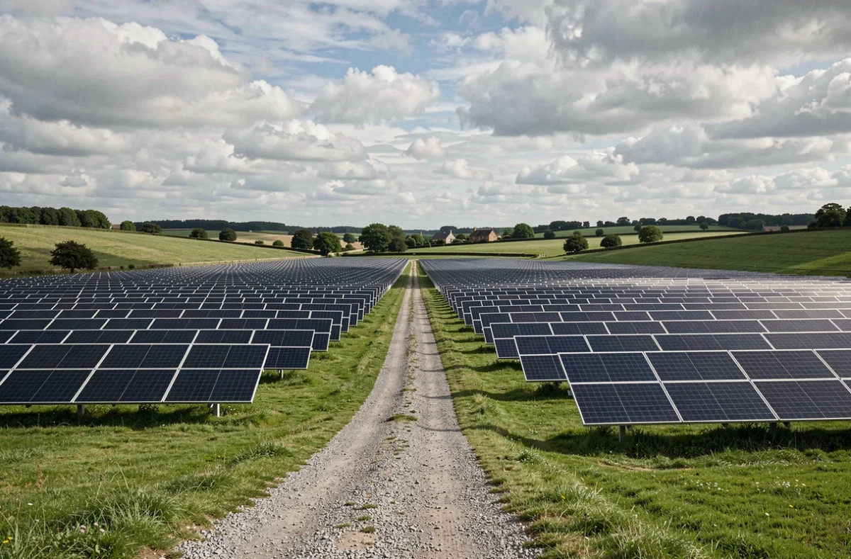 A large-scale solar farm with rows of photovoltaic panels spread across a green English countryside landscape under a partly cloudy sky.