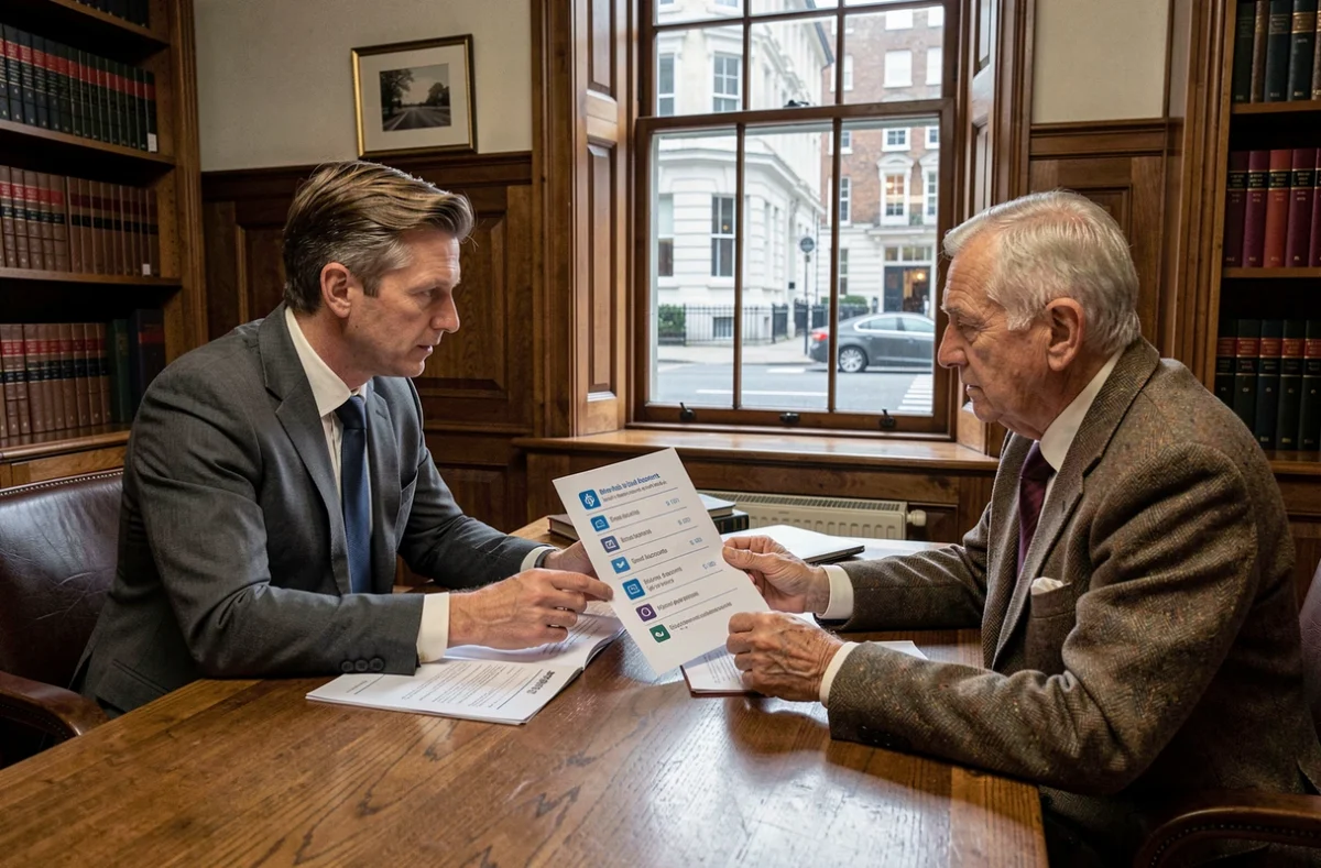 A British solicitor and elderly male client discussing digital asset management for a will in a traditional London law firm office