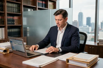Solicitor reviewing insolvency legal documents at a mahogany desk in a professional UK law office