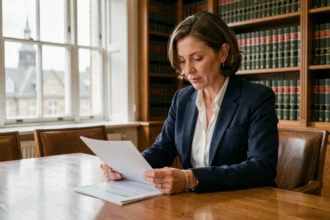 Female solicitor reviewing property law documents at a conference table in a London law office