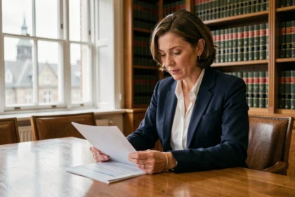 Female solicitor reviewing property law documents at a conference table in a London law office