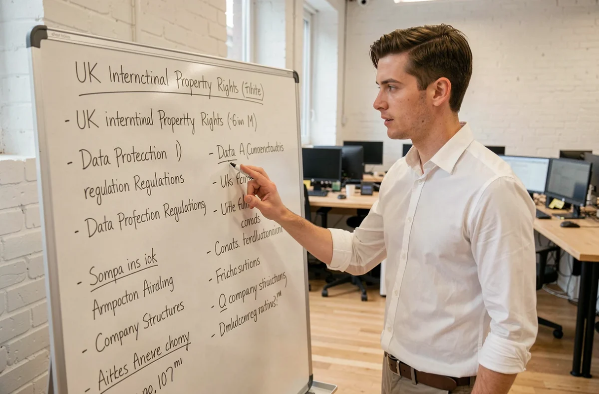 Young startup founder explaining UK intellectual property and data protection regulations on a whiteboard in a modern office