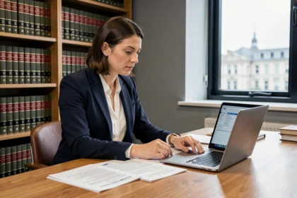 Female startup founder reviewing UK legal registration documents at a law office desk in London