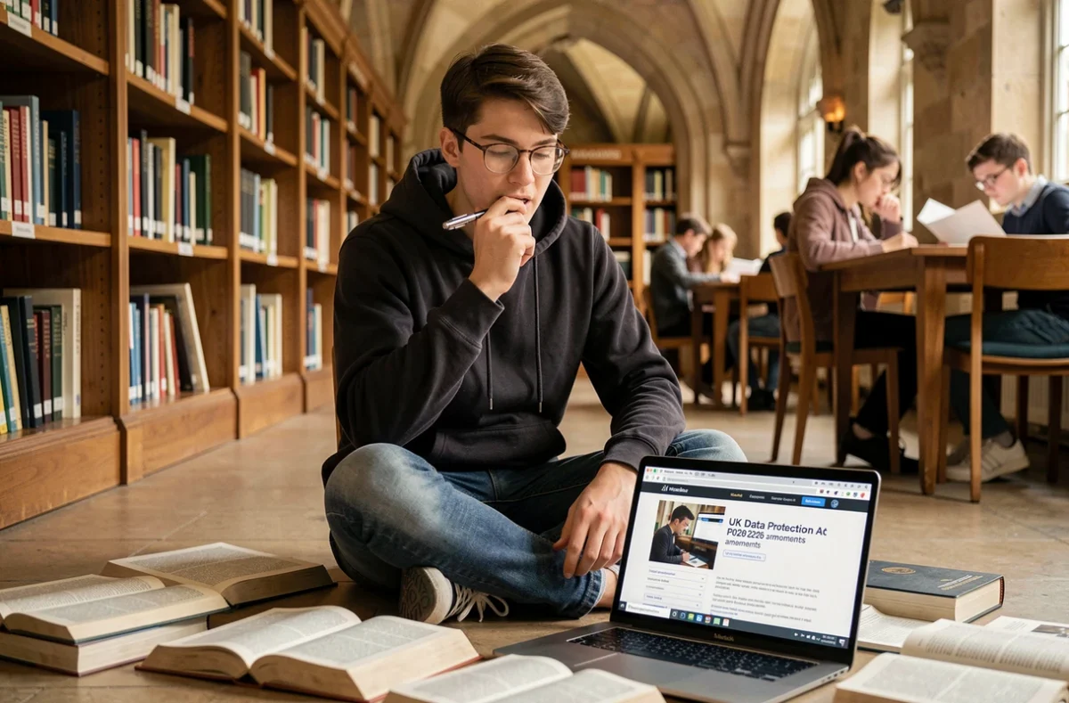Young student researching UK data protection and online privacy law amendments in a university library