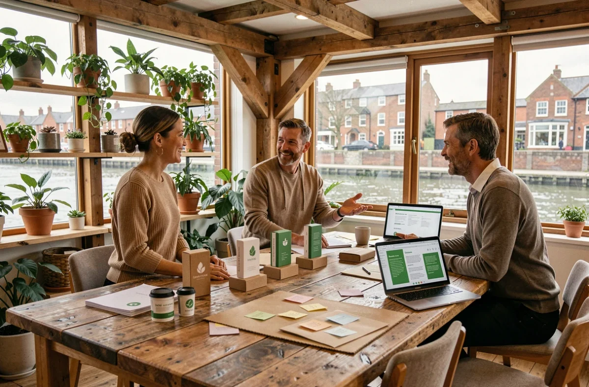 A diverse team of marketing professionals review sustainable advertising materials around a reclaimed-wood table in a Bristol eco-friendly office.
