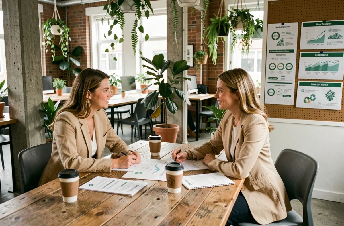 Two sustainable business founders discussing an eco-friendly business plan in a plant-filled co-working space in Manchester