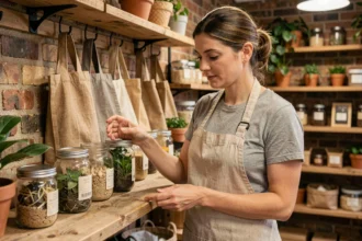 A sustainable shop owner arranging eco-friendly products on reclaimed wood shelves inside a zero-waste store in London