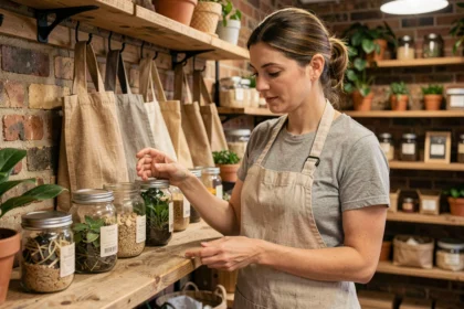 A sustainable shop owner arranging eco-friendly products on reclaimed wood shelves inside a zero-waste store in London