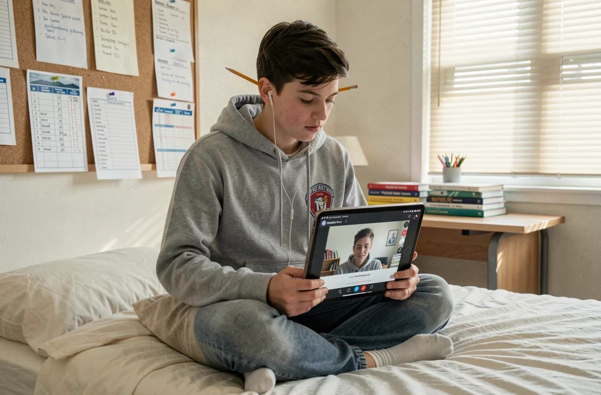 Teenage student attending an online tutoring session on a tablet in their bedroom, surrounded by revision notes