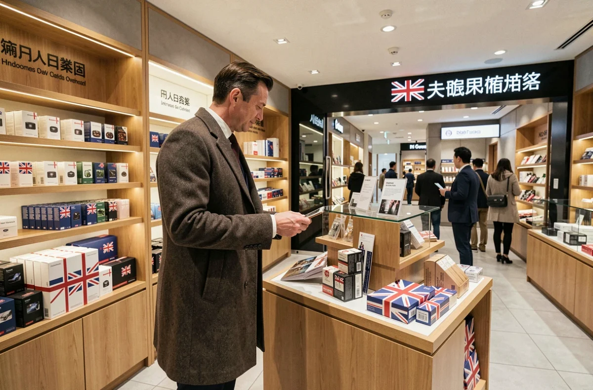 A British retail manager oversees a UK brand flagship store in an international shopping centre, highlighting the global expansion of British retail.