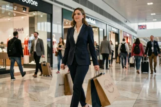 A British woman carrying UK brand shopping bags walks through an international airport terminal, symbolising the global reach of British retail brands.